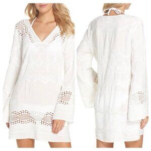 LA BLANCA White Embroidered and Lace V-Neck Swim Cover Up Tunic, Size XS